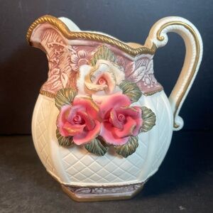 Vtg Treasures Bisque Porcelain Pitcher With Embossed Floral Design NIB